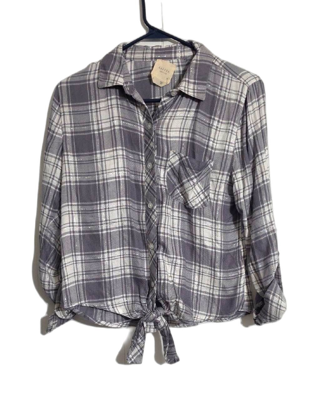 NWT Harper Gray and White Plaid Button-Up with Tie Detail